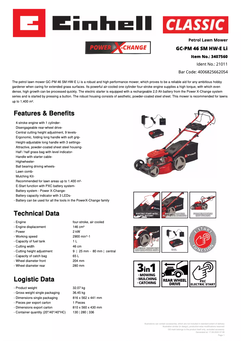 Page n°1 - Fiche technique Einhell GC-PM 46 SM HW-E Li