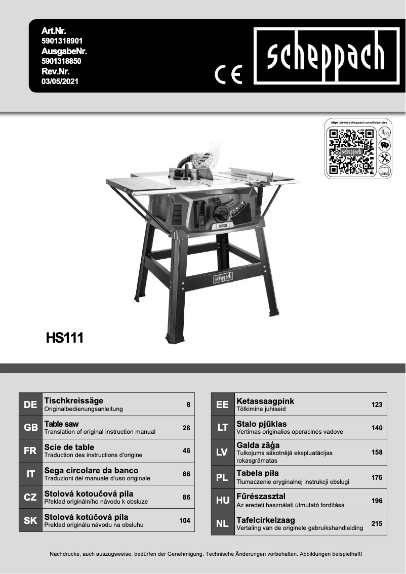 Page 1 de la notice Manuel utilisateur Scheppach HS111