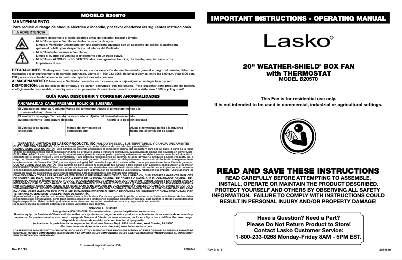 Page 1 de la notice Manuel utilisateur Lasko Weather-Shield B20570