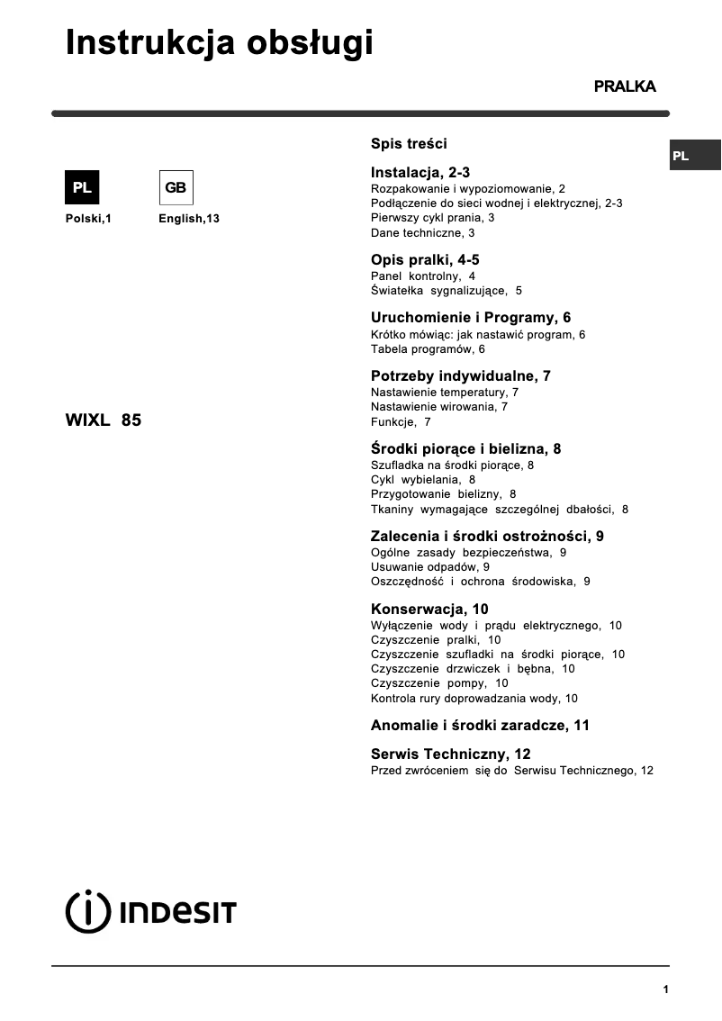 Page 1 de la notice Manuel utilisateur Indesit WIXL 85 (PL)