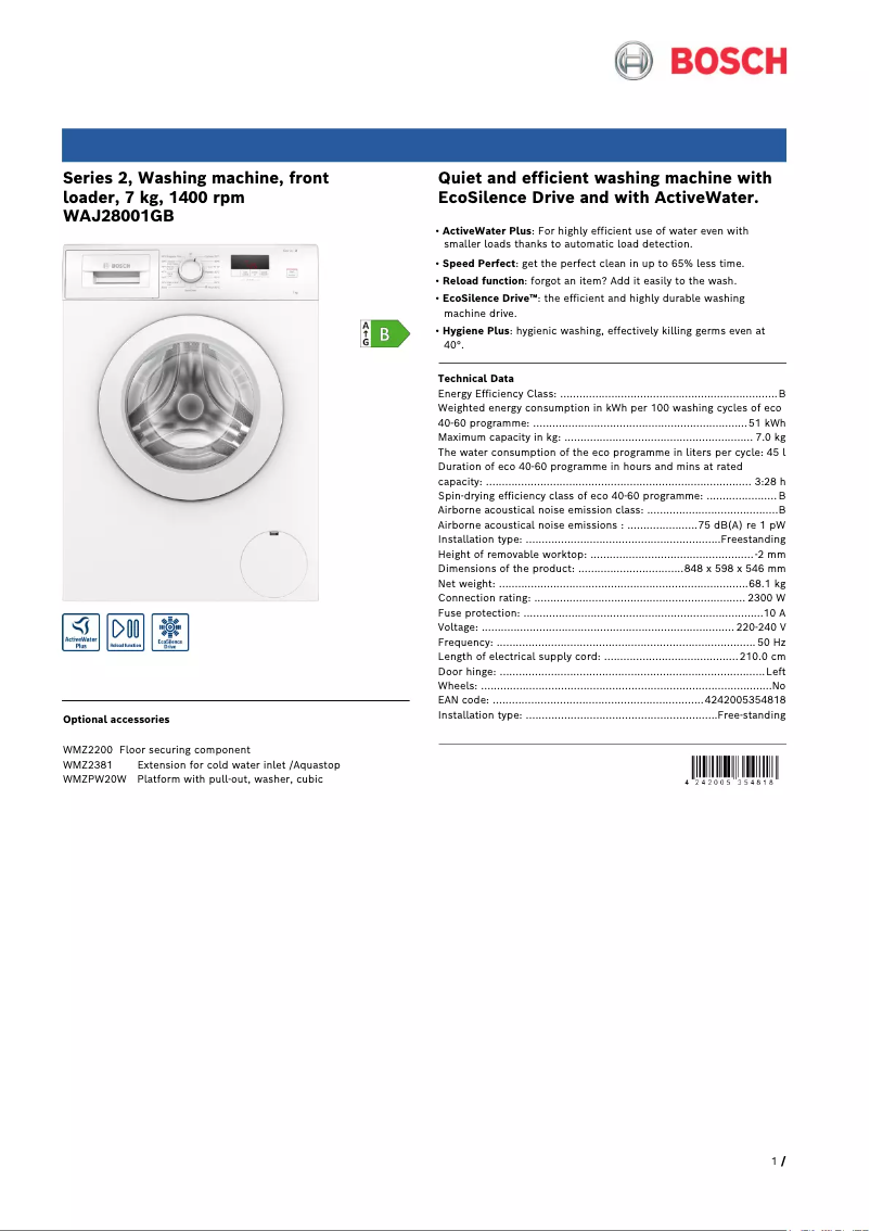 Page n°1 - Fiche technique Bosch WAJ28001GB