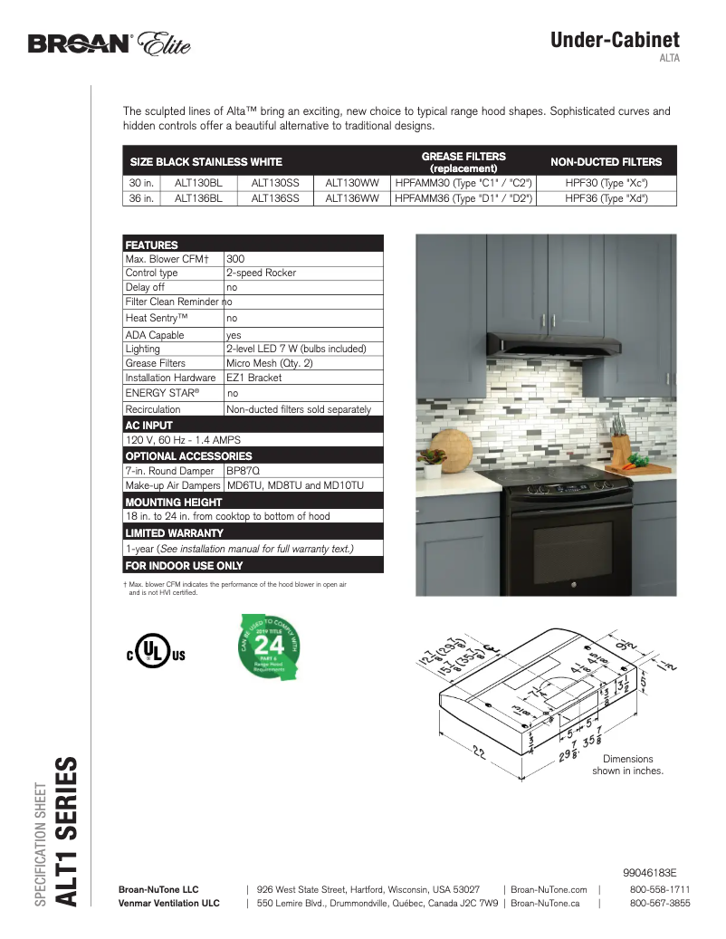 Page n°1 - Fiche technique Broan ALT130BL