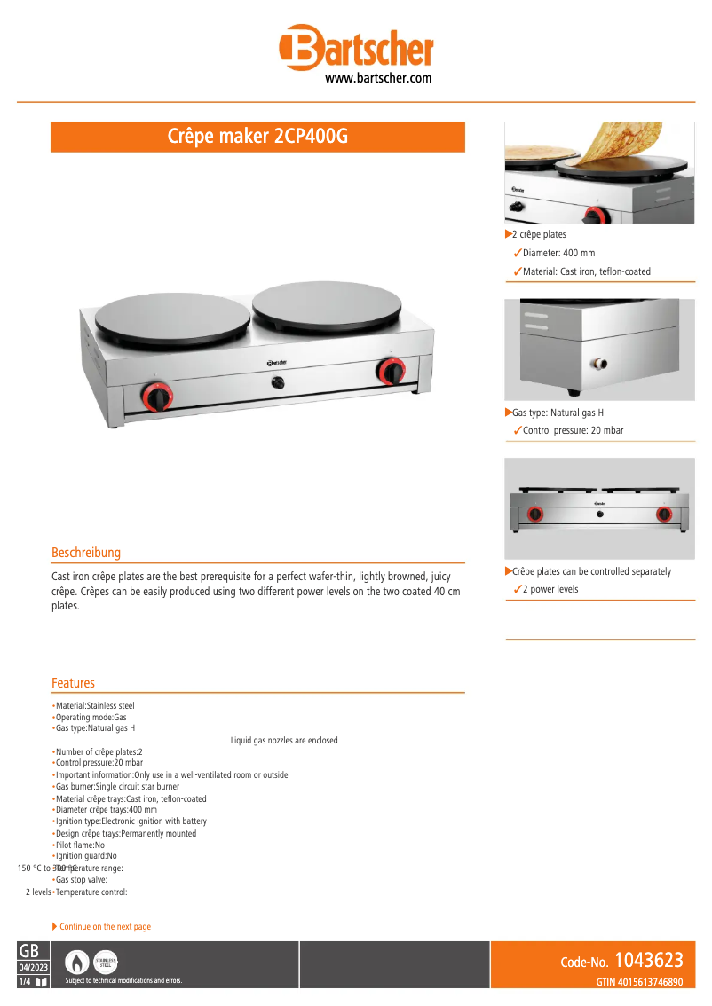 Page 1 de la notice Fiche technique Bartscher 2CP400G