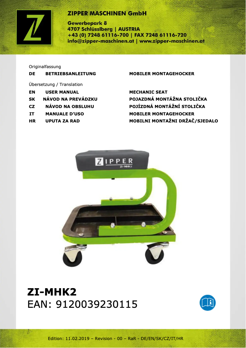 Page 1 de la notice Manuel utilisateur Zipper ZI-MHK2