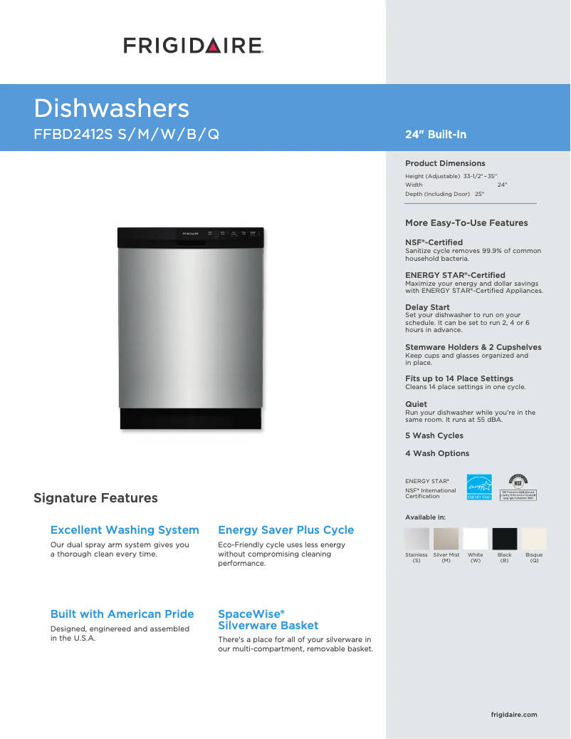 Page 1 de la notice Fiche technique Frigidaire FFBD2412S