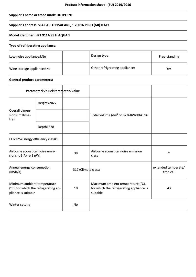 Page n°1 - Fiche technique Hotpoint H7T 911A KS H AQUA 1