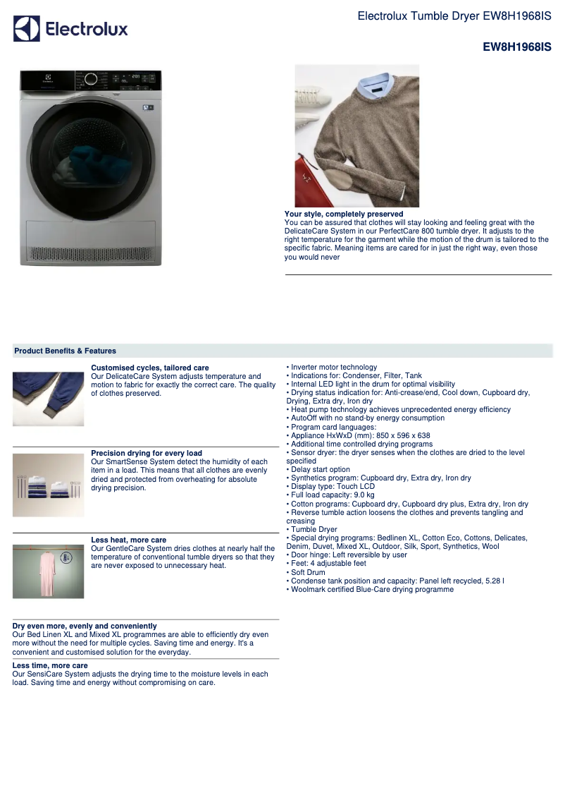 Page n°1 - Fiche technique Electrolux EW8H1968IS