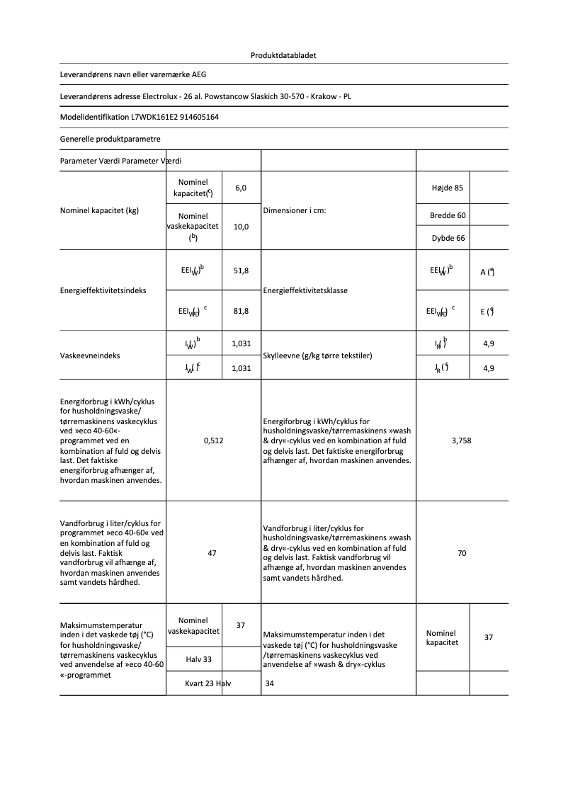 Page n°1 - Fiche technique AEG L7WDK161E2