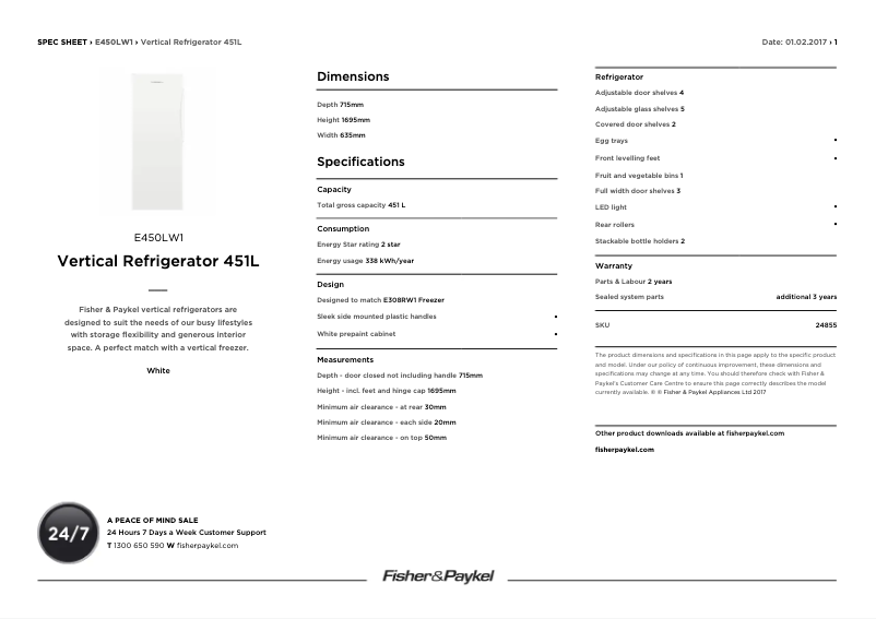 Page 1 de la notice Fiche technique Fisher & Paykel E373LW1