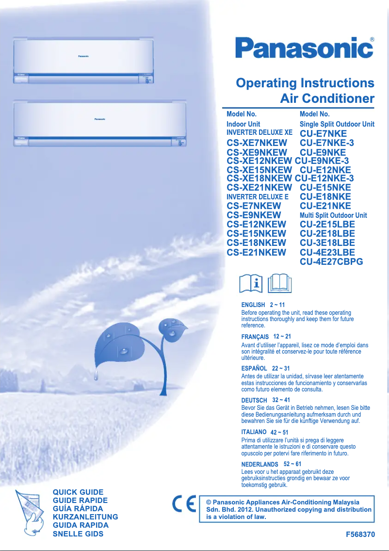 Page n°1 - Manuel utilisateur Panasonic CS-E7NKEW