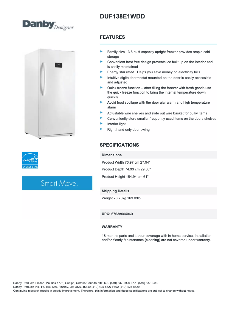Page n°1 - Fiche technique Danby DUF138E1