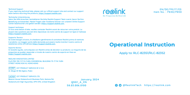 Page 1 de la notice Manuel utilisateur Reolink RLC-823S2