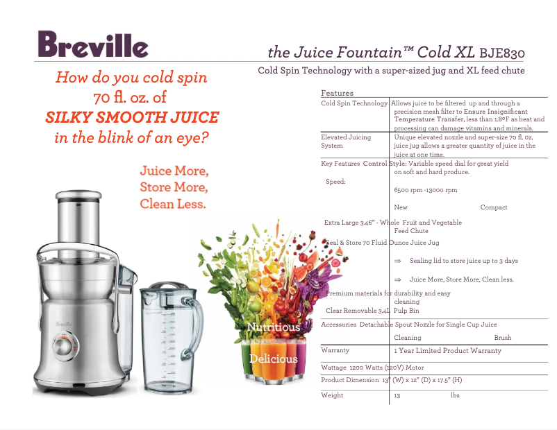 Page n°1 - Fiche technique Breville the Juice Fountain Cold BJE830