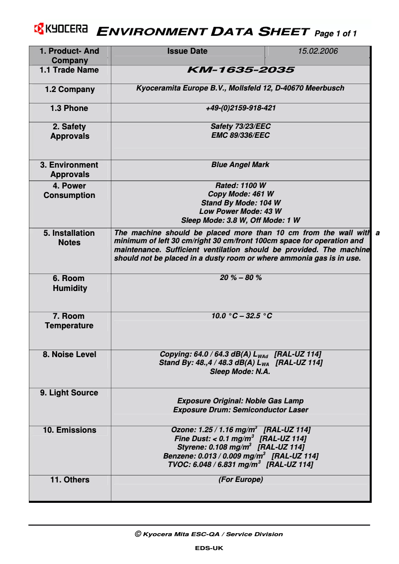 Page 1 de la notice Fiche technique Kyocera KM-2035