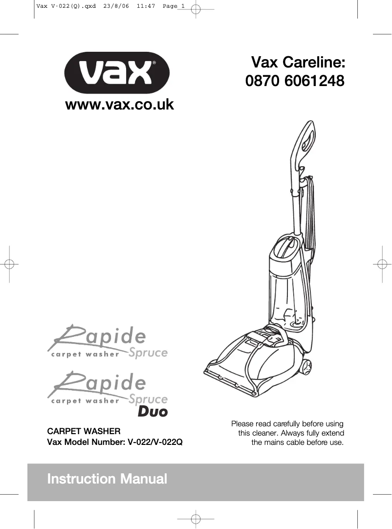 Página 1 del manual Manual de usuario Vax Rapide V-022