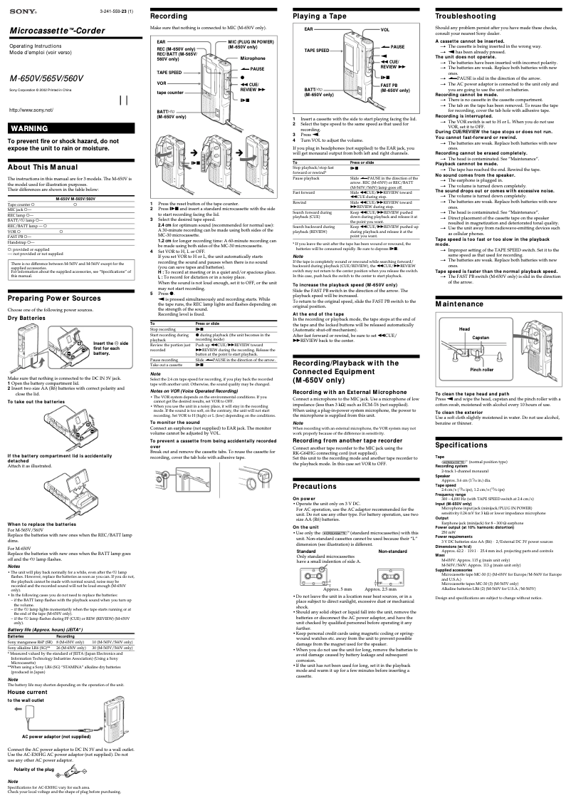 Page n°1 - Manuel utilisateur Sony M-650V