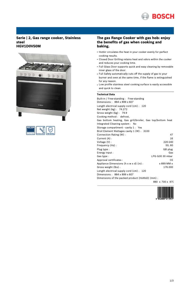 Page 1 de la notice Fiche technique Bosch HGV1D0V50M