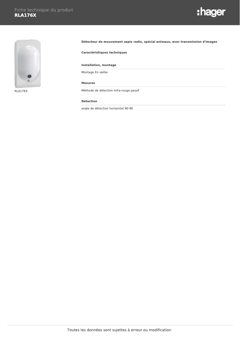 Page 1 de la notice Fiche technique Hager RLA176X