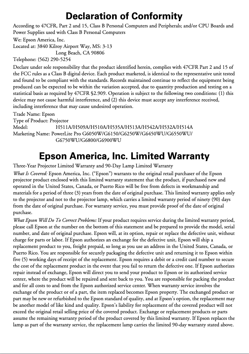 Page 1 de la notice Informations de garantie Epson PowerLite Pro G6750WU