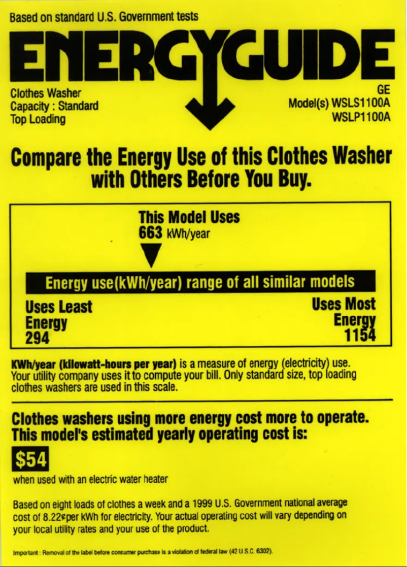 Page 1 de la notice Label énergétique GE WSLP1100AWH
