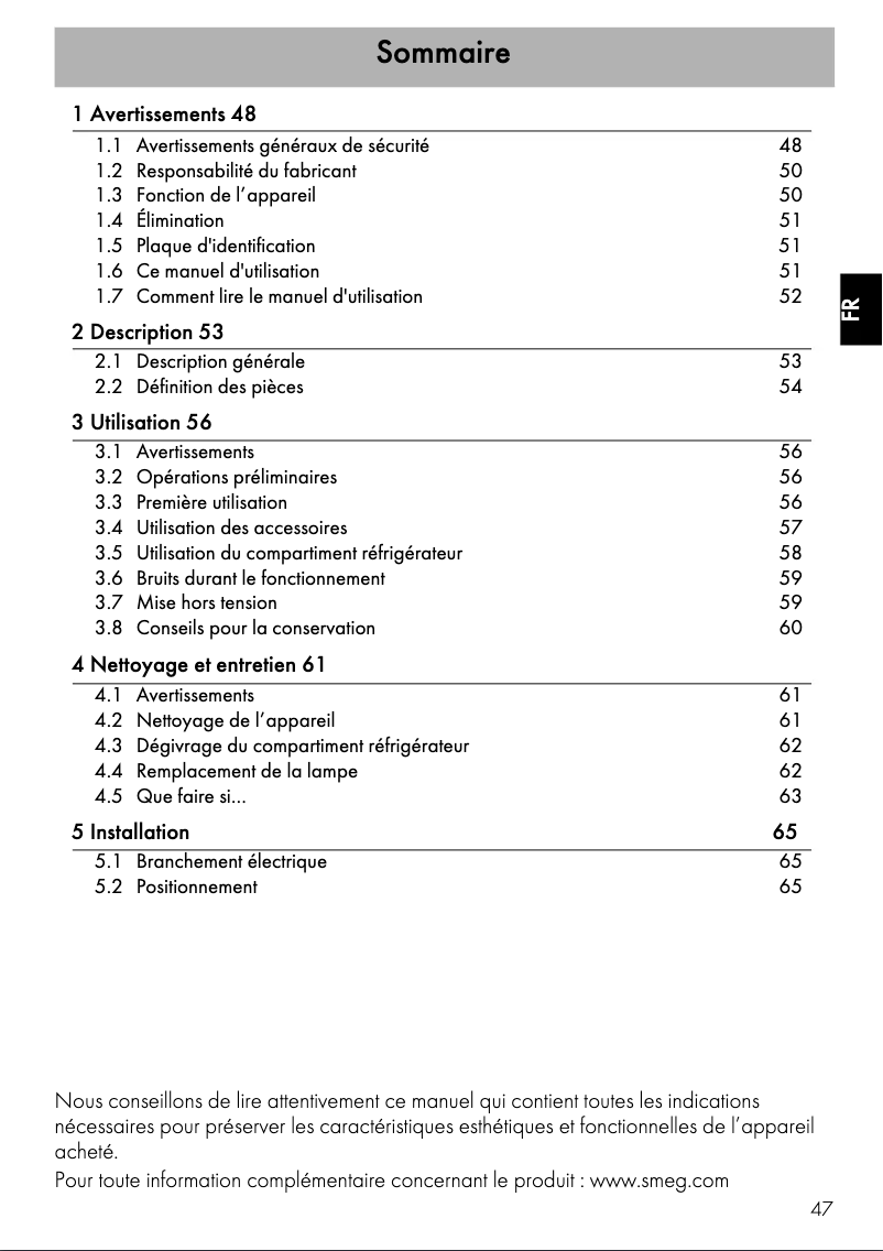Page 1 de la notice Manuel utilisateur Smeg FAB10HRDIT5