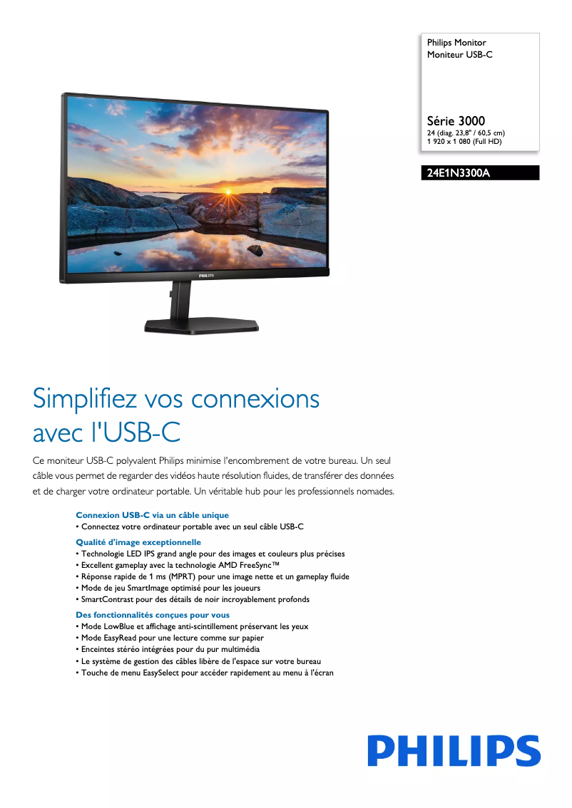 Page 1 de la notice Fiche technique Philips 24E1N3300A