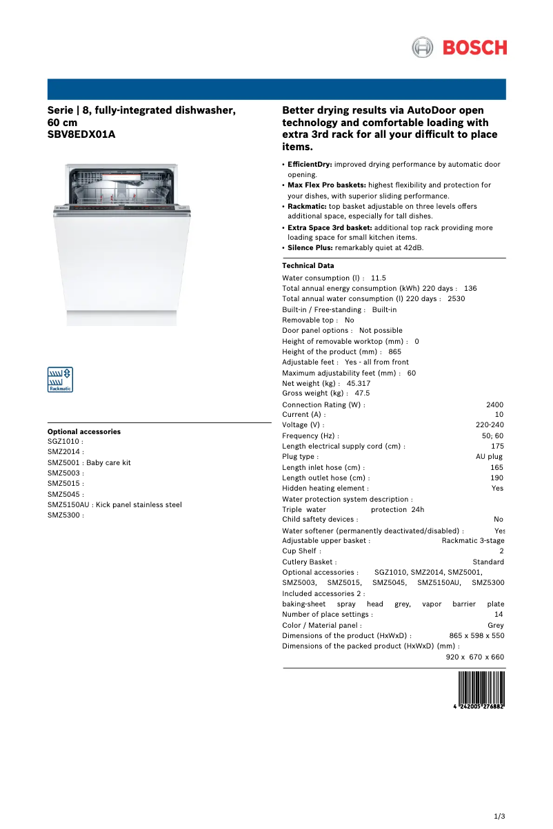 Page 1 de la notice Fiche technique Bosch SBV8EDX01A
