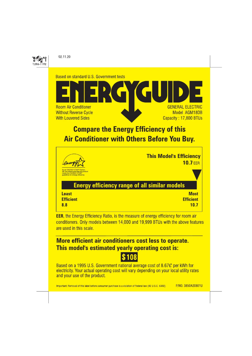 Page 1 de la notice Label énergétique GE AGM18DB