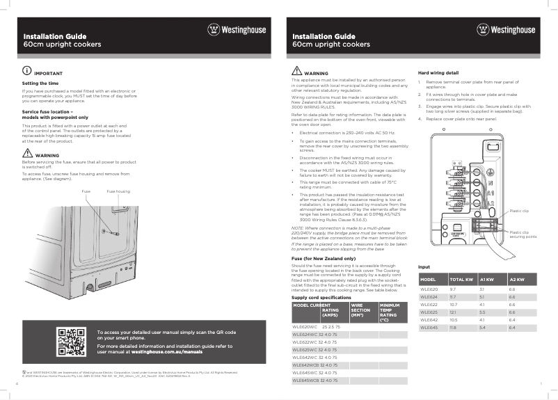 Page n°1 - Guide d'installation Westinghouse WLE642WCB