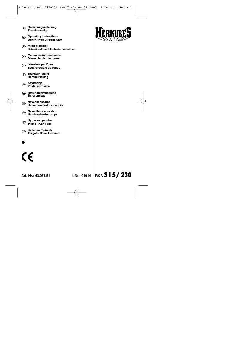 Page n°1 - Manuel utilisateur Herkules BKS 315/230