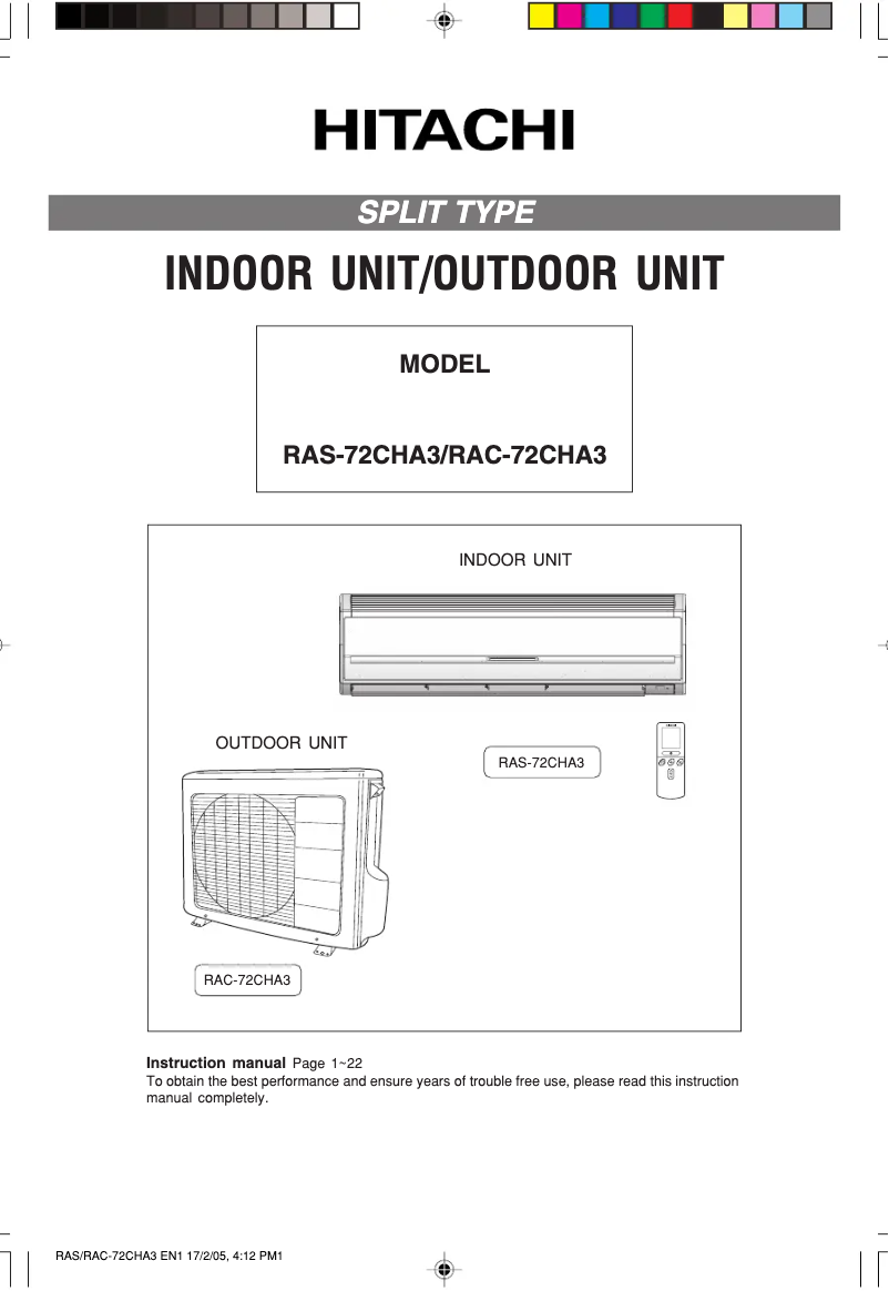 Page 1 de la notice Manuel utilisateur Hitachi RAC-72CHA3