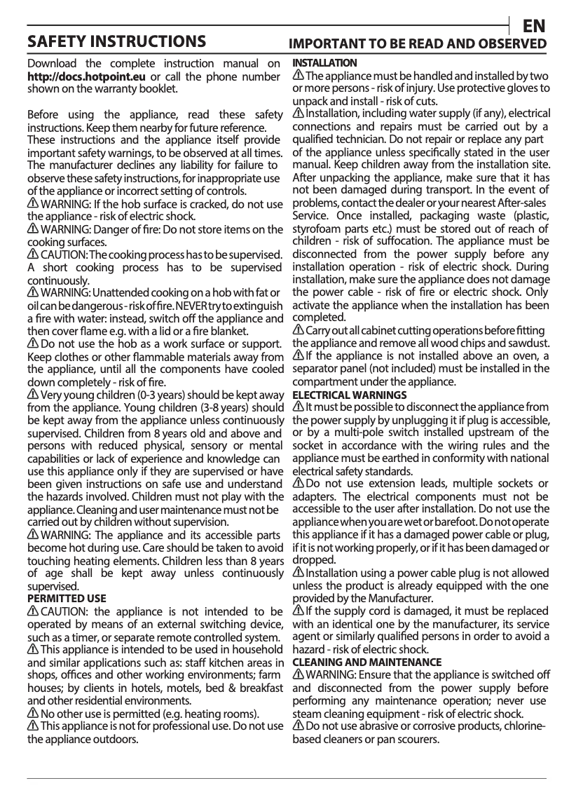 Page n°1 - Instructions / montage Hotpoint HR 724 B H