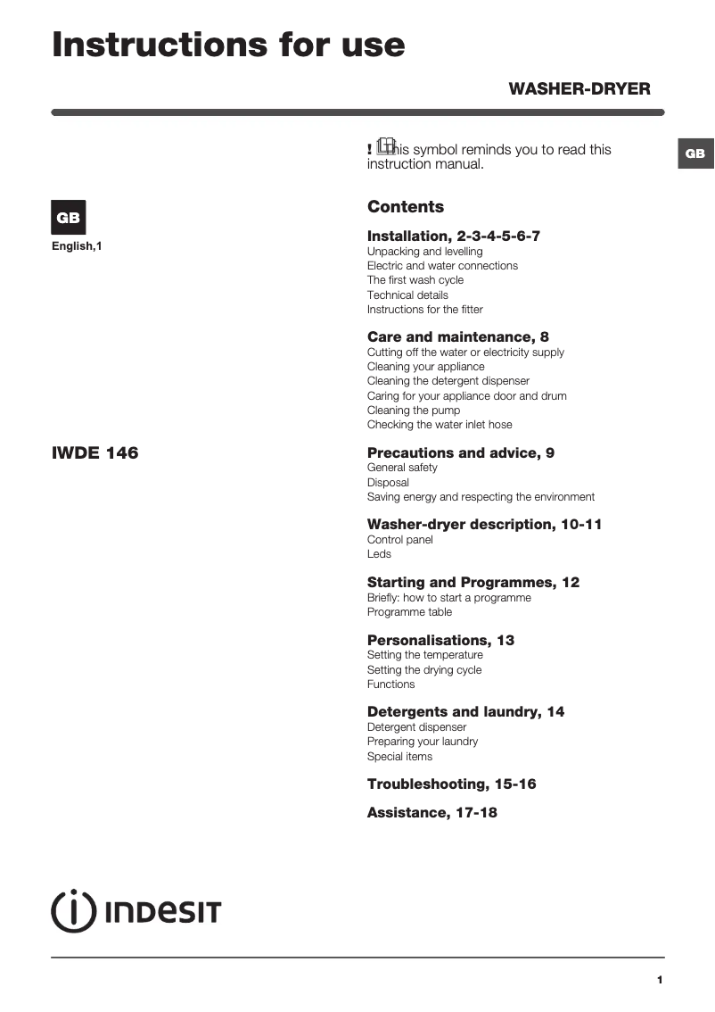 Page n°1 - Instructions / montage Indesit IWDE 146 UK