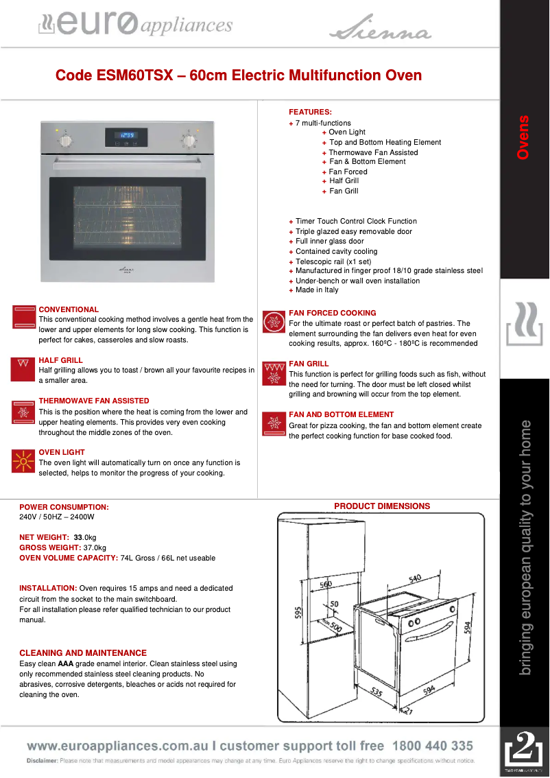 Page n°1 - Fiche technique Euro Appliances ESM60TSX