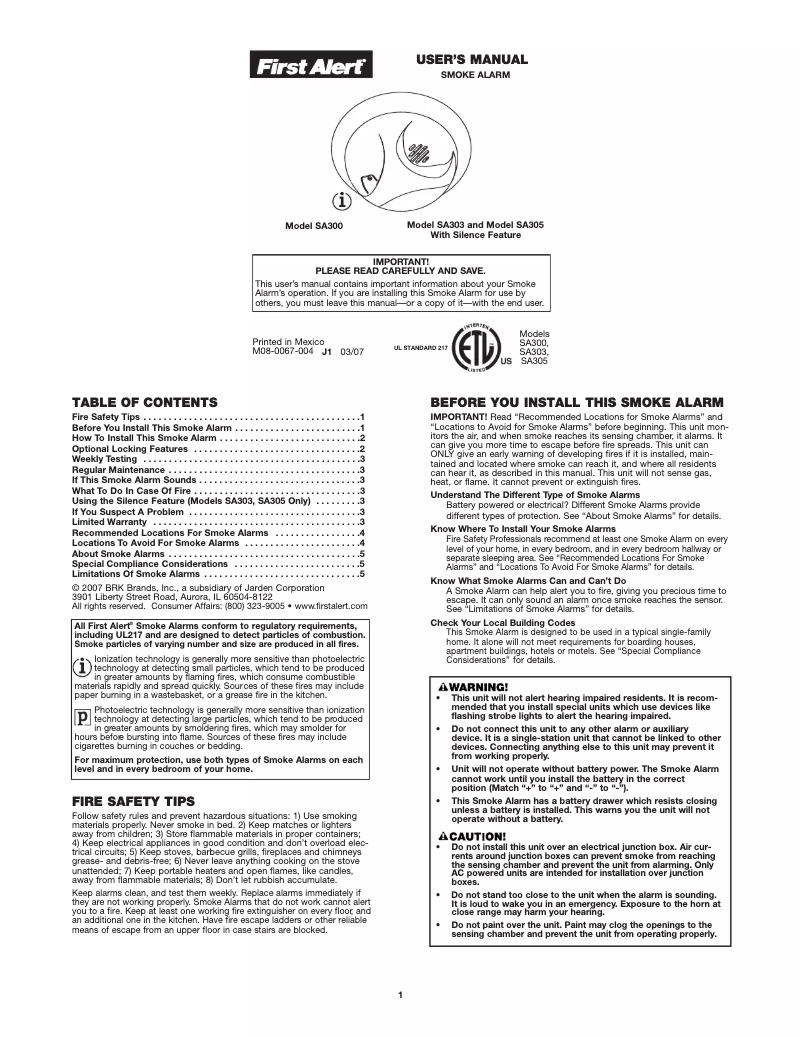 Page n°1 - Manuel utilisateur First Alert SA305