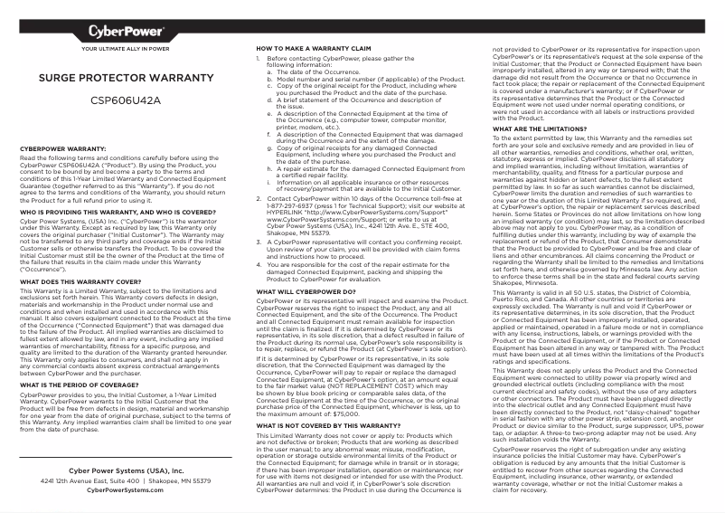 Page 1 de la notice Informations de garantie CyberPower CSP606U42A