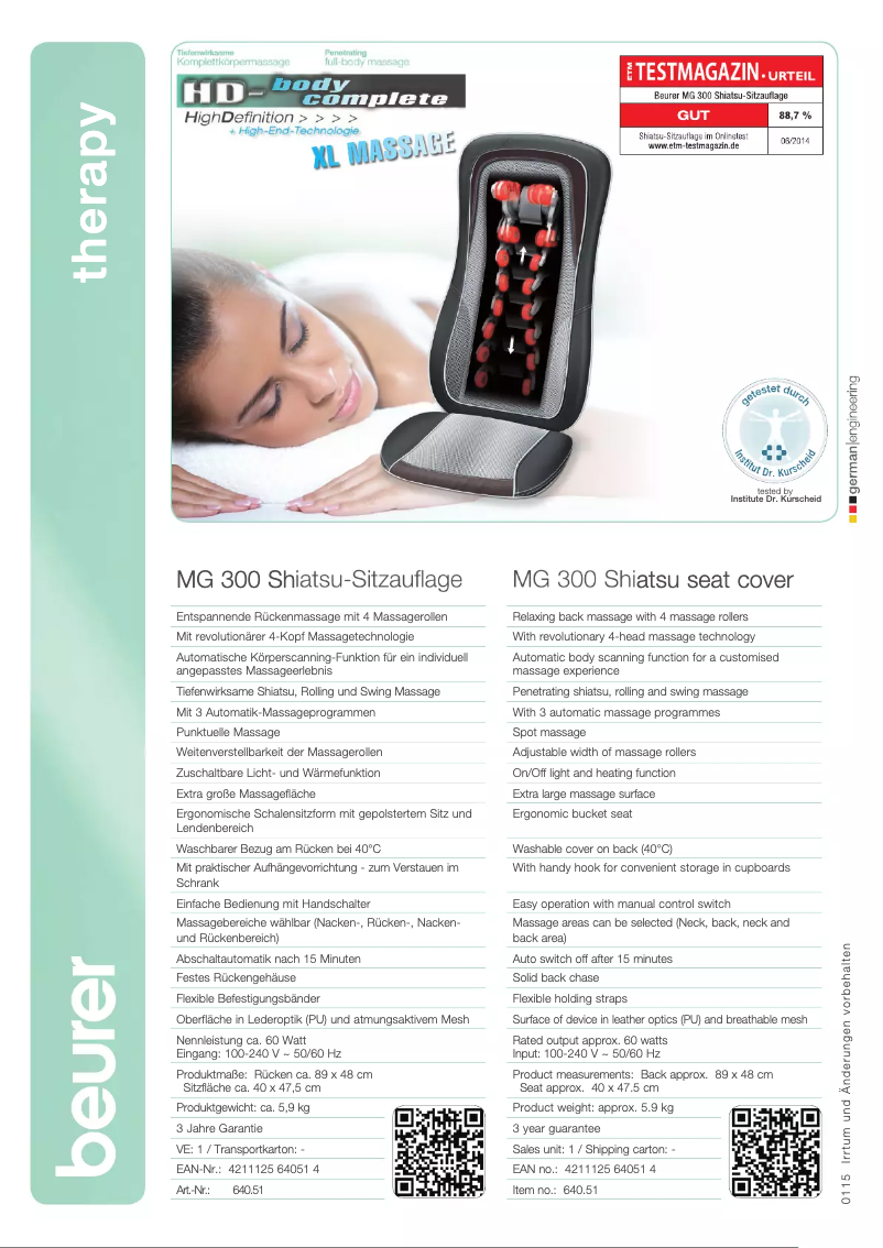 Page 1 de la notice Fiche technique Beurer MG 300 HD-XL