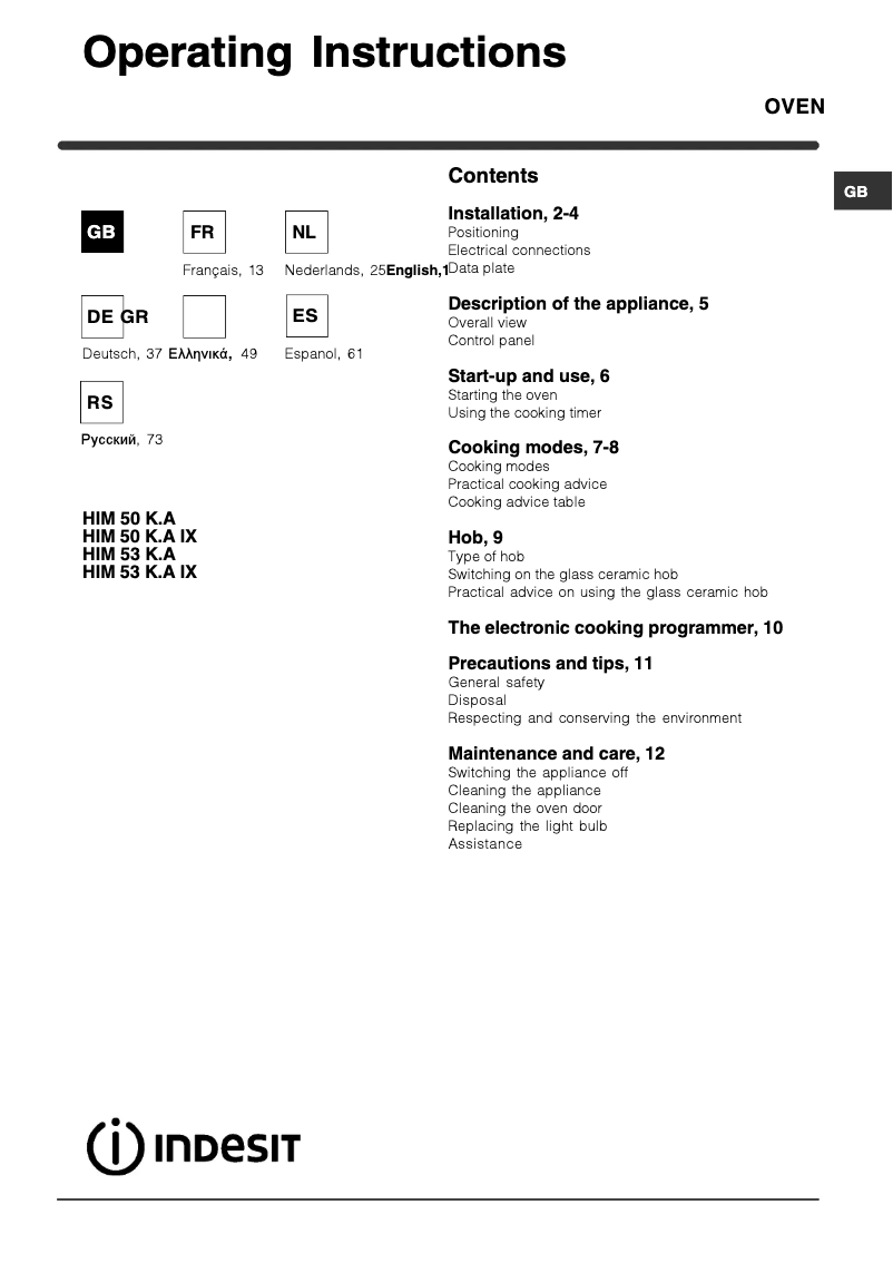 Page n°1 - Manuel utilisateur Indesit HIM 50 K.A IX