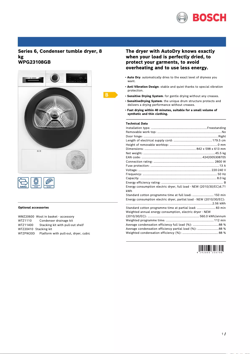 Page 1 de la notice Fiche technique Bosch WPG23108GB