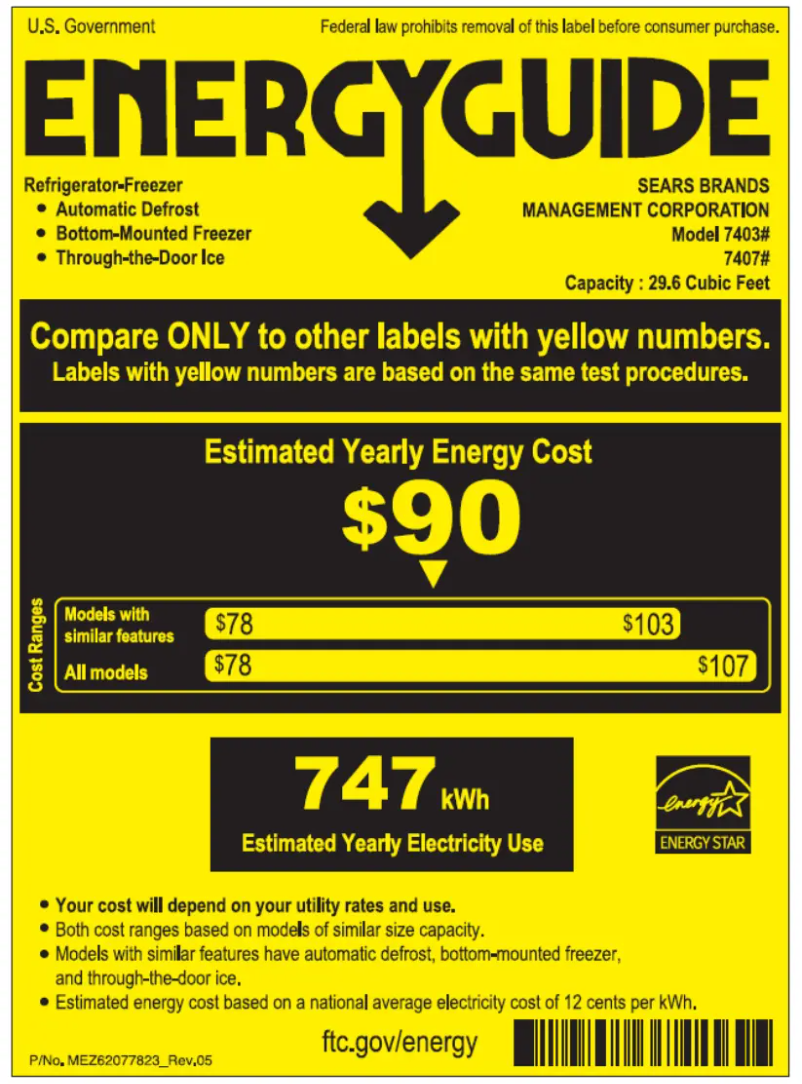 Page 1 de la notice Label énergétique Kenmore 74073