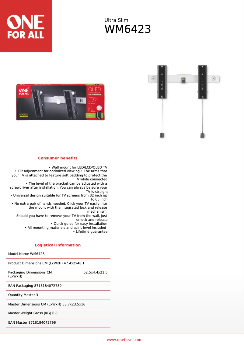 Page 1 de la notice Fiche technique One for all WM6423