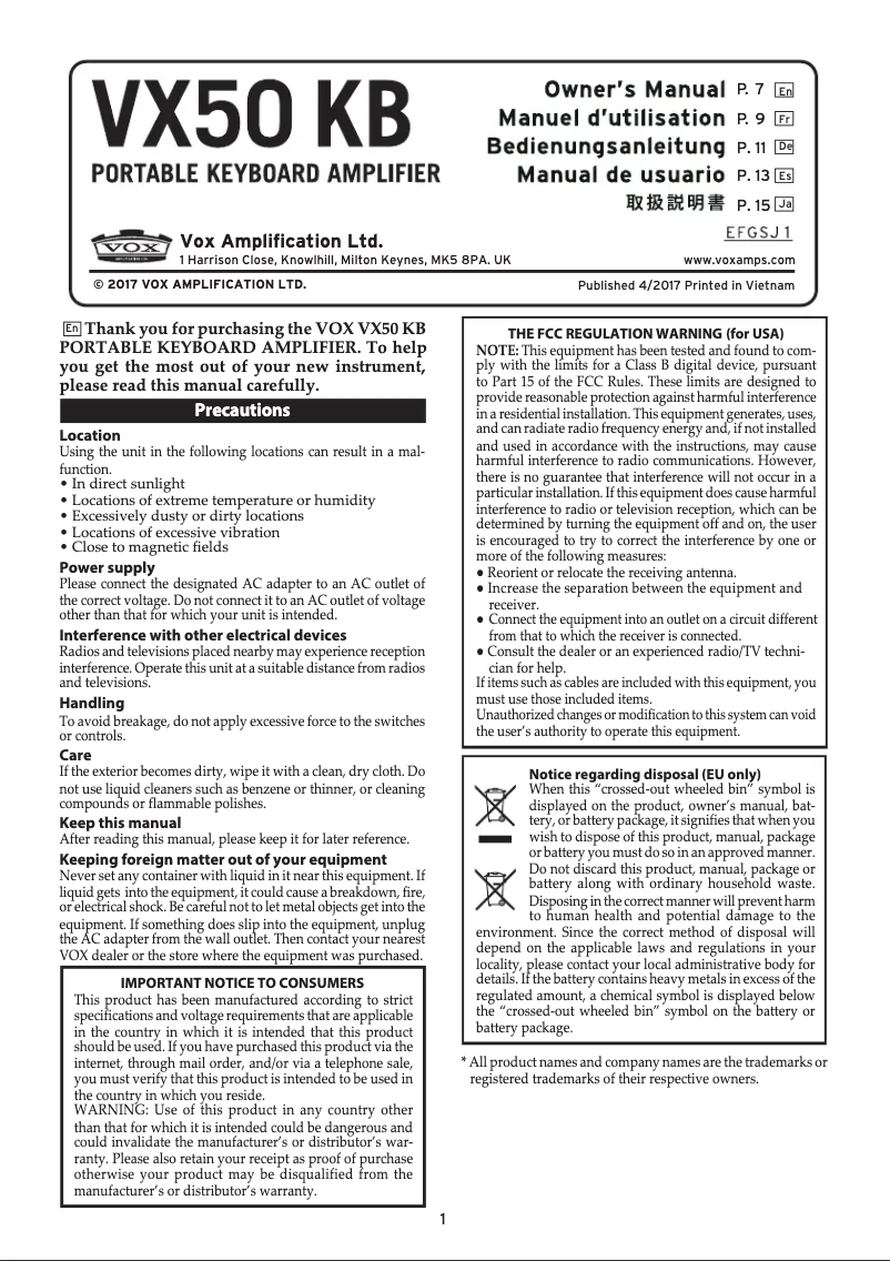 Page 1 de la notice Manuel utilisateur VOX VX50 KB