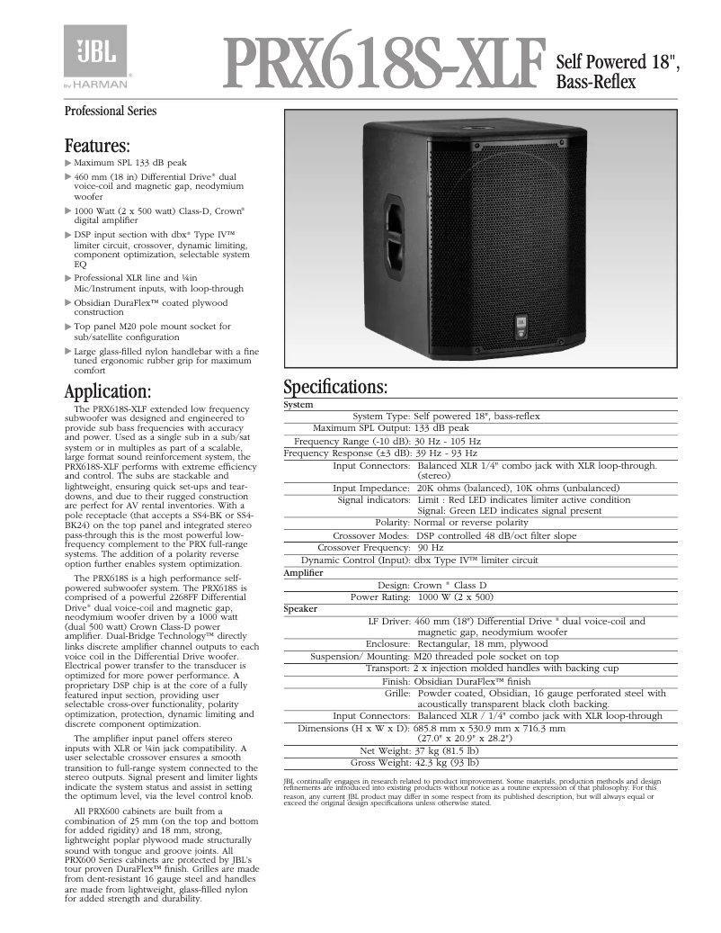 Page n°1 - Fiche technique JBL PRX618S-XLF