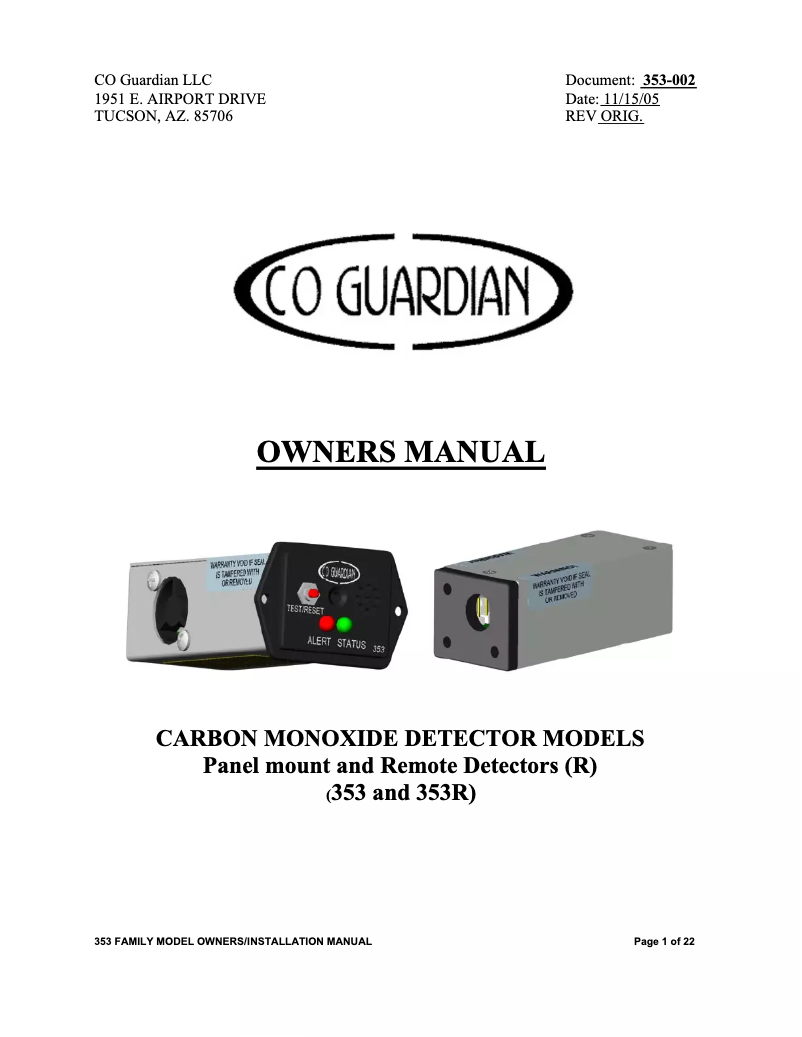 Page n°1 - Manuel utilisateur Guardian Avionics 353-201