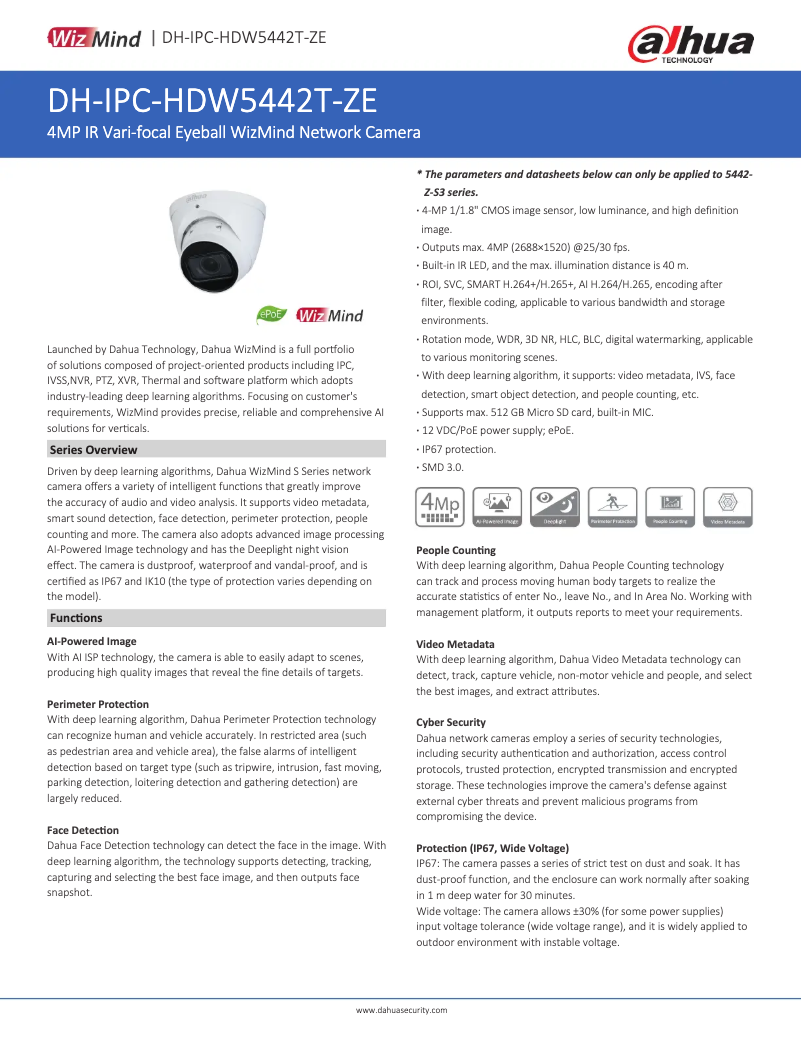 Page n°1 - Fiche technique Dahua Technology IPC-HDW5442T-ZE