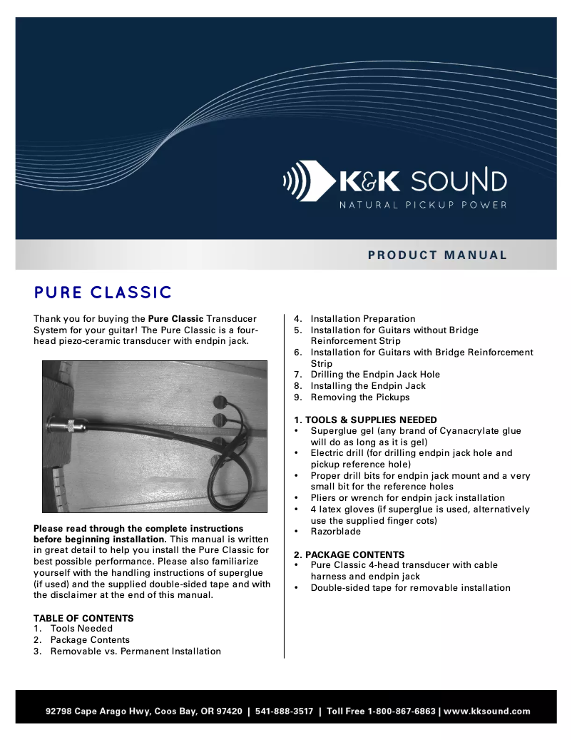 Page 1 de la notice Manuel utilisateur K&K Sound Pure Classic