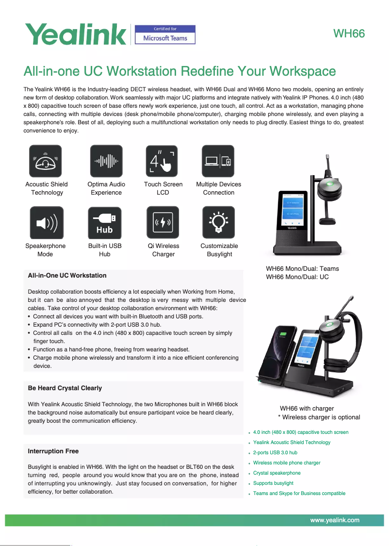 Page 1 de la notice Fiche technique Yealink WH66