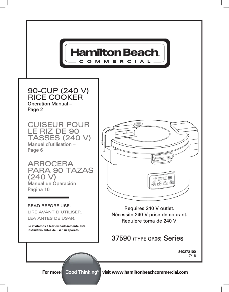 Page 1 de la notice Manuel utilisateur Hamilton Beach 37590