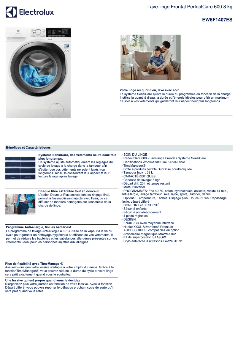 Page 1 de la notice Fiche technique Electrolux EW6F1407ES