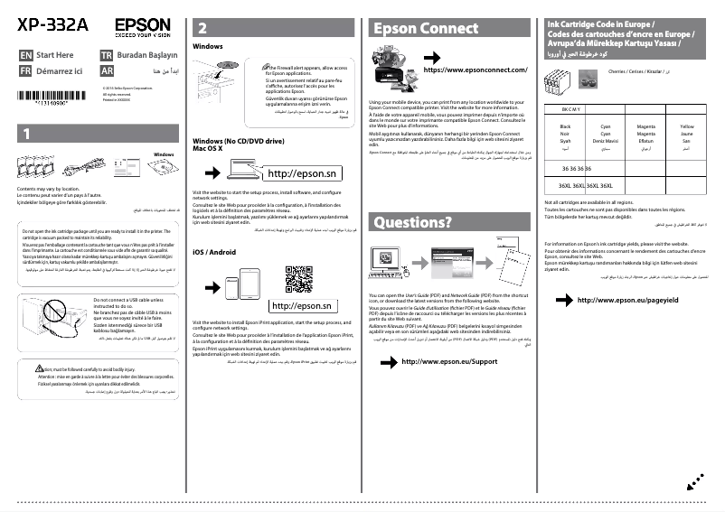 Page n°1 - Guide d'installation Epson Expression Home XP-332